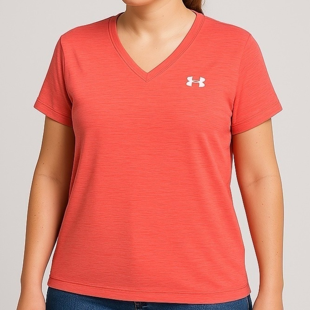 Under Armour Top T-shirt V-neck Short Sleeve Athletic T Heat Gear PinkOr…